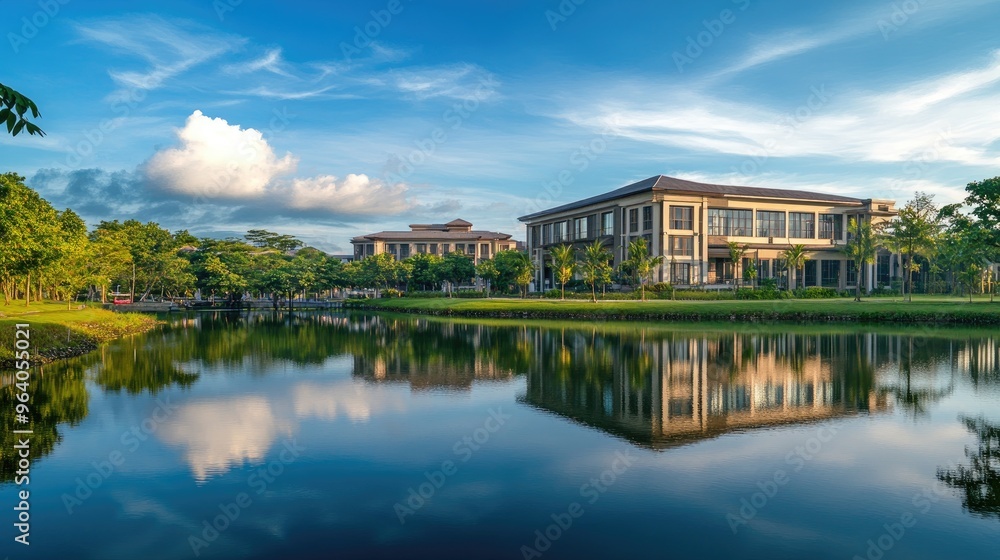 Beautiful large building sitting next to a tranquil body of water, with reflections and a realistic natural backdrop of trees and sky Beautiful large building sitting next to a tranquil body of water, with reflections and a realistic natural backdrop of trees and sky