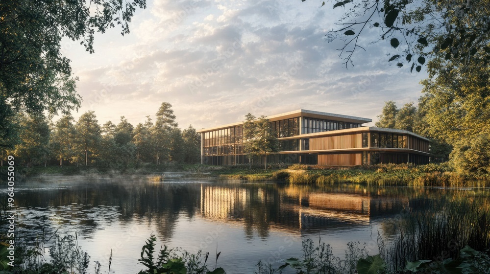 Beautiful large building sitting next to a tranquil body of water, with reflections and a realistic natural backdrop of trees and sky