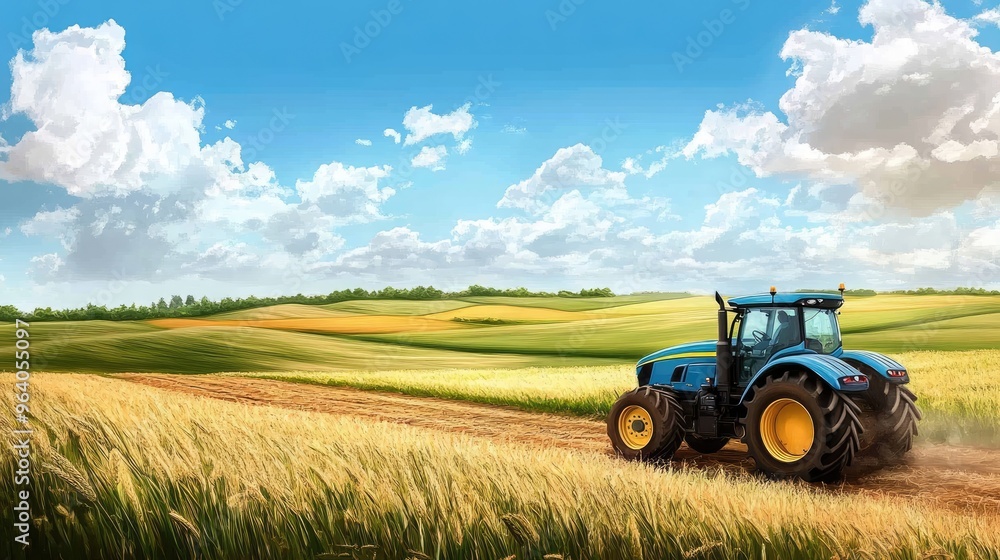 Blue tractor crossing a vast agricultural field, surrounded by a realistic backdrop of open skies, fields, and a peaceful rural landscape Blue tractor crossing a vast agricultural field, surrounded by a realistic backdrop of open skies, fields, and a peaceful rural landscape