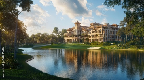 Beautiful large building by a peaceful body of water, set against a realistic, nature-filled background of trees and blue skies