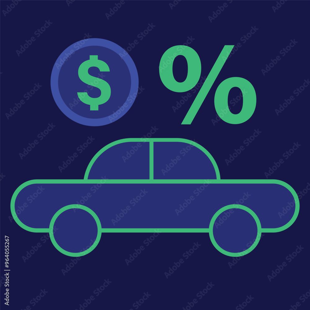 Car vehicle finance concept vector banner design illustration with car, percentage and dollar sign coin icons on a blue square background Car vehicle finance concept vector banner design illustration with car, percentage and dollar sign coin icons on a blue square background