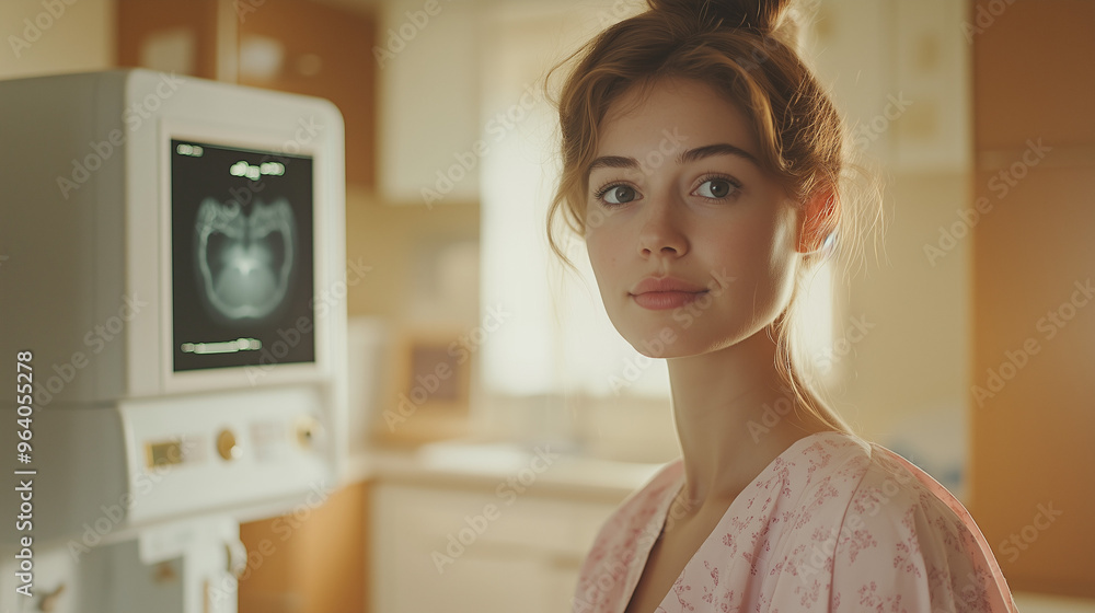 Young Woman in a Hospital Gown Looking Thoughtfully at a Breast Cancer Screening Machine, Representing Early Detection and Awareness Young Woman in a Hospital Gown Looking Thoughtfully at a Breast Cancer Screening Machine, Representing Early Detection and Awareness