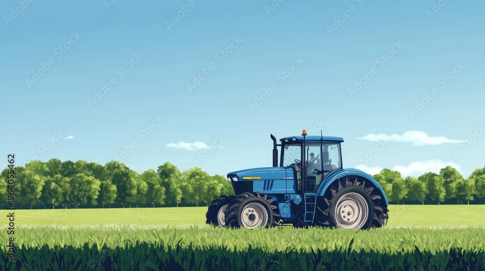 Blue tractor moving through a lush green field under a clear blue sky, with a realistic background of trees and farmland Blue tractor moving through a lush green field under a clear blue sky, with a realistic background of trees and farmland