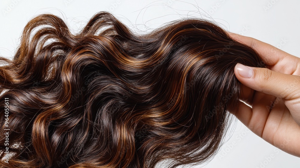 Close-up of hand holding brown wavy hair symbolizing texture and beauty in a detailed haircare or beauty concept image Close-up of hand holding brown wavy hair symbolizing texture and beauty in a detailed haircare or beauty concept image