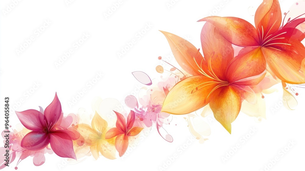 Fototapeta premium Elegant floral corner graphic with dynamic flowers in various vibrant colors, designed on a clean white background for illustration