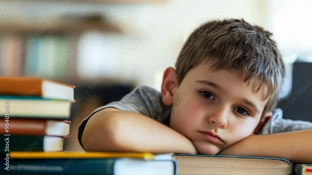A tired and sleepy boy resting his head on books at a table A tired and sleepy boy resting his head on books at a table
