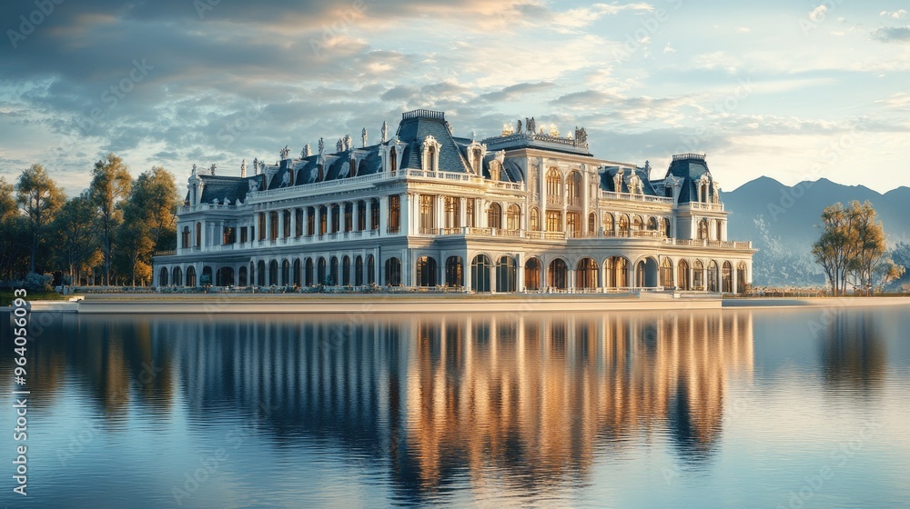 Fototapeta premium Large, elegant building reflecting on a calm body of water, with a realistic background, creating a peaceful and majestic scene