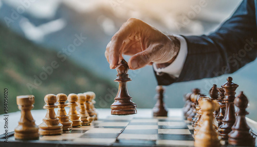 a close up shot focusing on a businessman's hand moving a chess piece, symbolizing business strategy photo