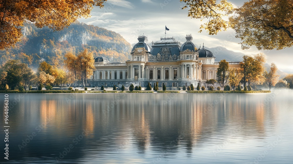 Large, elegant building sitting next to a shimmering body of water, with reflections and a beautifully realistic natural background Large, elegant building sitting next to a shimmering body of water, with reflections and a beautifully realistic natural background
