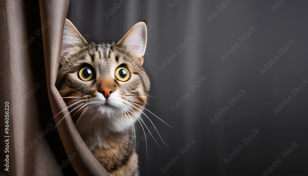 Obraz premium a curious cat peeking out from behind a curtain, isolated with space for text or advertising