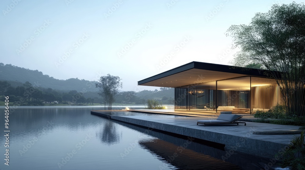 Stunning architectural building next to a calm body of water, surrounded by a realistic natural backdrop, creating a serene atmosphere Stunning architectural building next to a calm body of water, surrounded by a realistic natural backdrop, creating a serene atmosphere