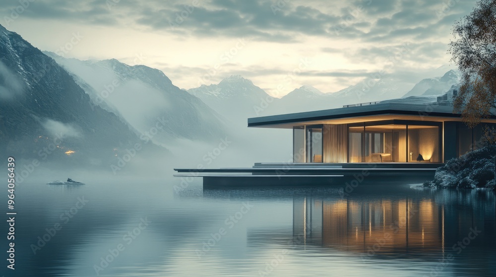Fototapeta premium Stunning architectural building next to a calm body of water, surrounded by a realistic natural backdrop, creating a serene atmosphere
