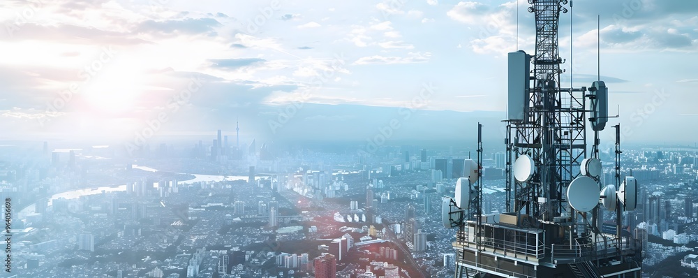 Cellular Tower Overlooking a Modern Cityscape Cellular Tower Overlooking a Modern Cityscape