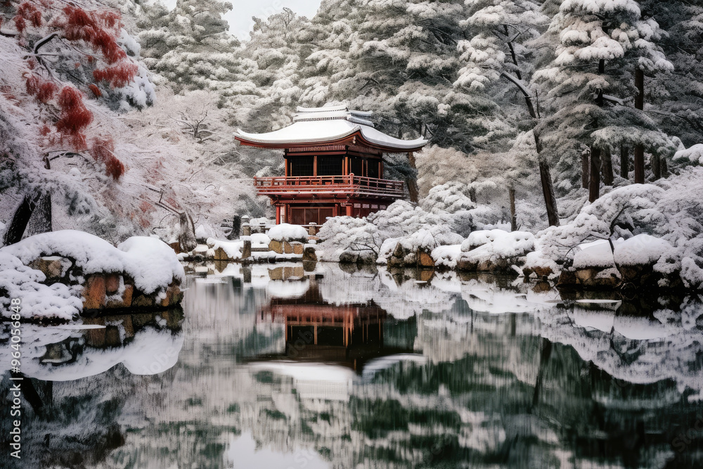 Serene Japanese Temple in Snowy Winter Garden Reflection Serene Japanese Temple in Snowy Winter Garden Reflection