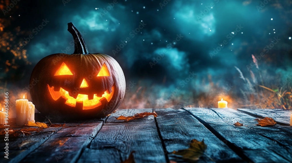 Glowing Halloween pumpkin on a wooden table in the background of the night Glowing Halloween pumpkin on a wooden table in the background of the night