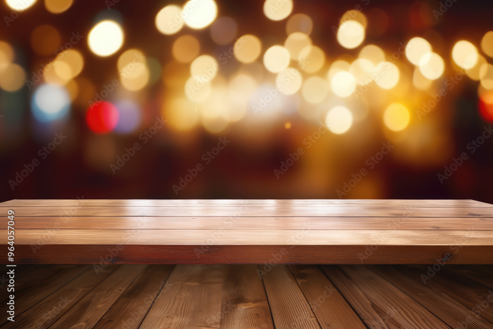 Warm Bokeh Lights on Wooden Table Background Warm Bokeh Lights on Wooden Table Background