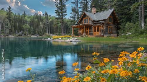 Fototapeta Naklejka Na Ścianę i Meble -  Beautiful log cabin in the woods, on edge of clear blue lake with yellow flowers growing around it, green grass and pine trees, rustic style home decor. Generative AI.