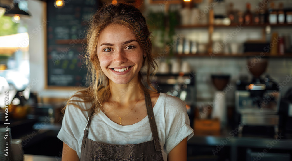 Smiling barista young woman working in cafe, looking at camera. Ascetic background without many additional details, creating a professional and welcoming atmosphere. Generative AI. Smiling barista young woman working in cafe, looking at camera. Ascetic background without many additional details, creating a professional and welcoming atmosphere. Generative AI.