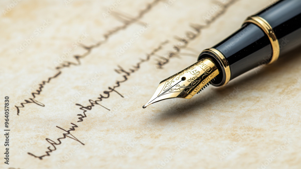 Fototapeta premium A close-up of a fountain pen writing on parchment paper, with elegant cursive handwriting.