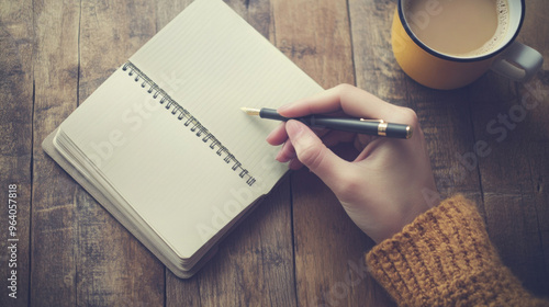 A hand holding a pen, writing in a notebook with a cup of coffee beside it on a wooden desk.
