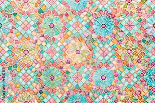 Vibrant and colorful geometric mosaic with floral patterns and pastel colors