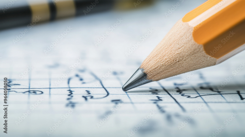 A close-up of a pencil writing on a sheet of graph paper, with mathematical formulas visible. A close-up of a pencil writing on a sheet of graph paper, with mathematical formulas visible.