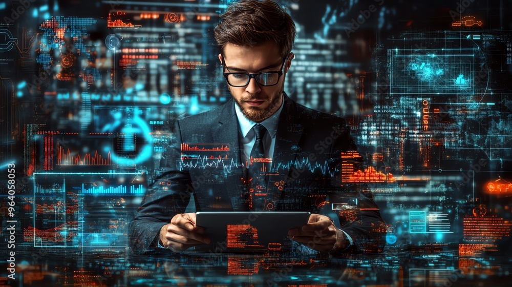 A businessman in a suit sits in front of a computer with glowing lines and information, looking at a digital tablet. A businessman in a suit sits in front of a computer with glowing lines and information, looking at a digital tablet.