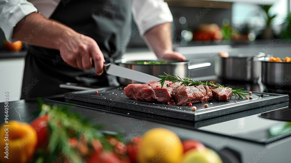 Sleek black tabletop on a modern kitchen countertop, a chef is using modern stainless steel cookware to cut meat at the table. Set against white walls on an elegant kitchen countertop. Generative AI. Sleek black tabletop on a modern kitchen countertop, a chef is using modern stainless steel cookware to cut meat at the table. Set against white walls on an elegant kitchen countertop. Generative AI.