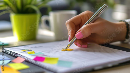 A close-up of a pen writing in a planner, with colorful sticky notes and a coffee cup nearby.