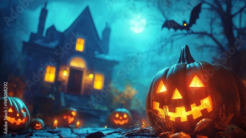 A glowing jack-o'-lantern sits in front of a spooky house with a full moon in the background.