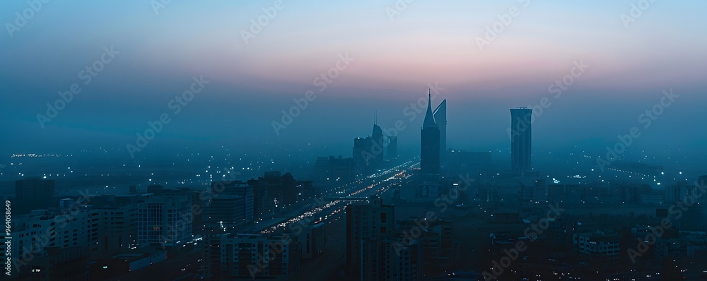 Fototapeta premium Dusk Skyline with Hazy Atmosphere and Traffic