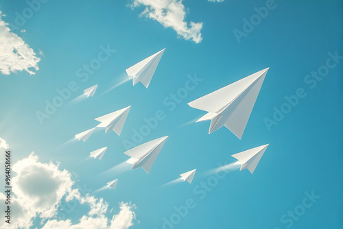 Paper airplanes arranged in an arrow formation, flying through the sky, symbolizing the power of teamwork in a creative business setting 