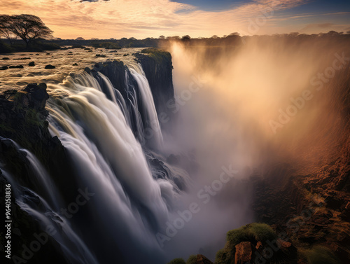 Majestic Waterfall at Sunset with Misty Spray