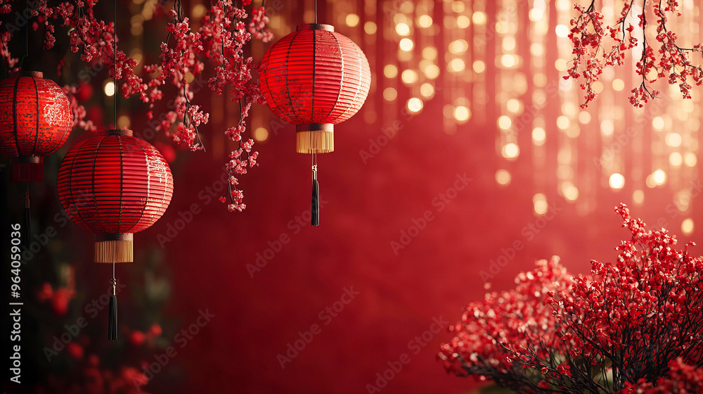 Obraz premium Chinese New Year decorations on red background with lanterns and flowers