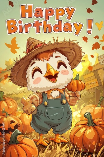 Cute Cartoon Chicken in Scarecrow Costume with Pumpkins and 