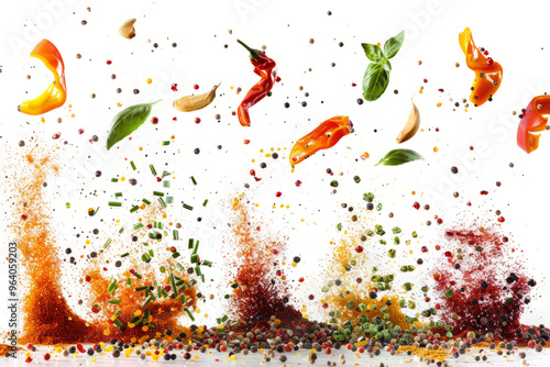 dynamic motion blur, splashes of seasonings in the air, photo