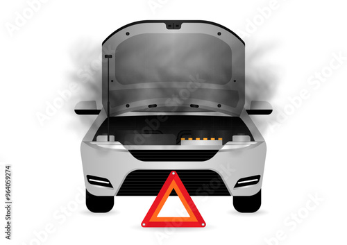 Car Breakdown with Open Hood and Smoke. Broken Car. Vector Illustration. 