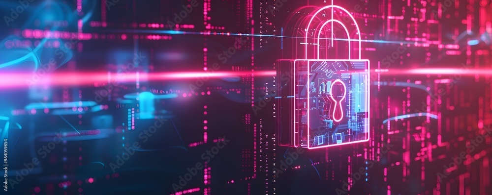 Neon Pink Padlock Over Digital Data Background Neon Pink Padlock Over Digital Data Background