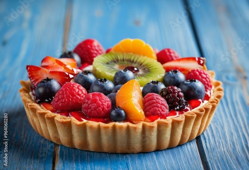 Fruit Tart with Berry Compote, Kiwi, Strawberry, and Orange Segments on Rustic Blue Wood