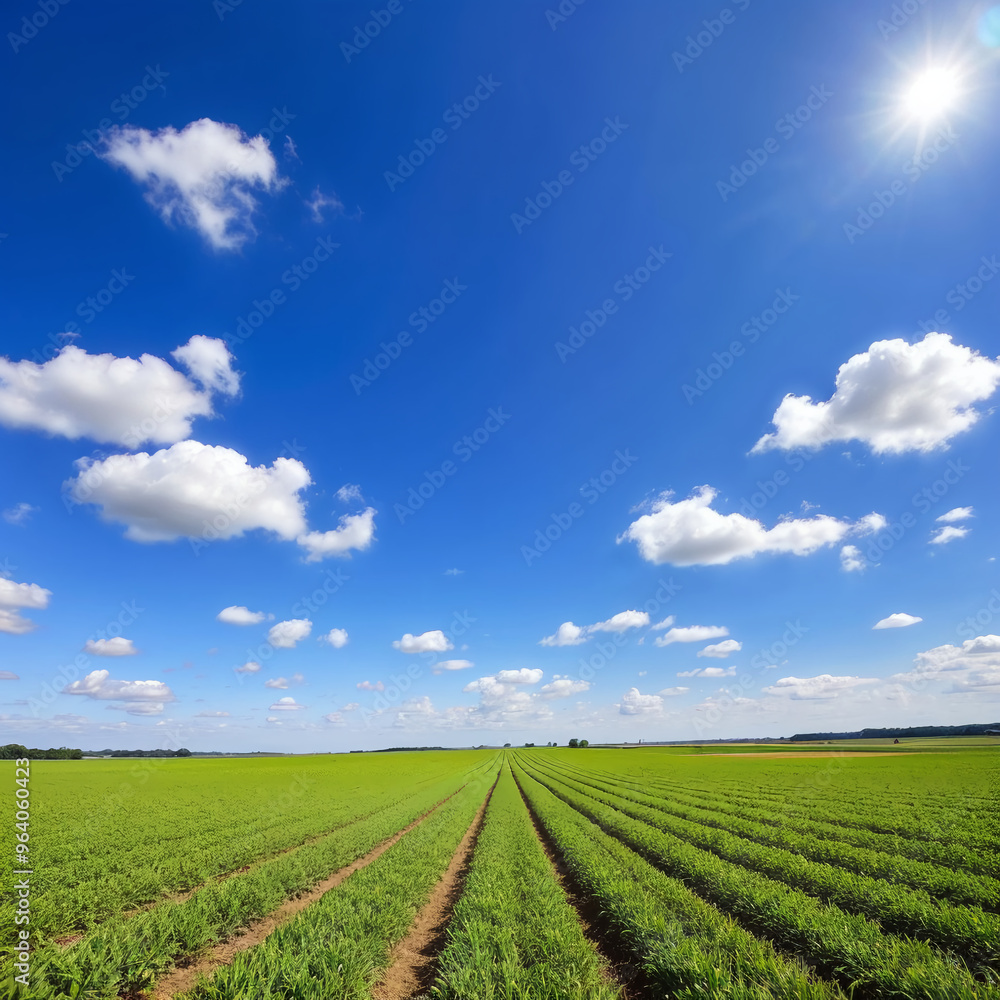 Expansive Field Under Clear Blue Sky with White Clouds Expansive Field Under Clear Blue Sky with White Clouds