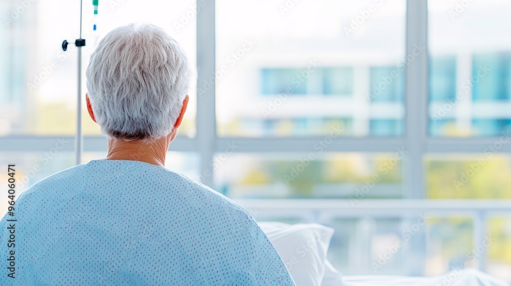 A man in a hospital bed with a blue gown and a white pillow A man in a hospital bed with a blue gown and a white pillow