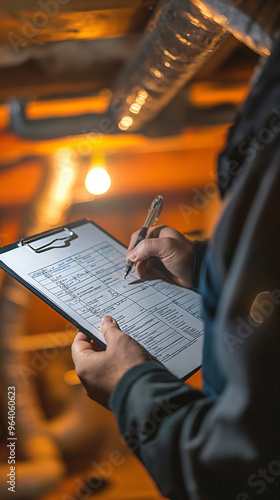 Inspector Reviewing Paperwork in Basement with Warm Lighting