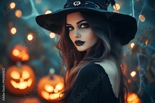 A mysterious woman in a witch costume with dark makeup stands in a spooky Halloween scene surrounded by glowing jack-o'-lanterns and cobwebs.