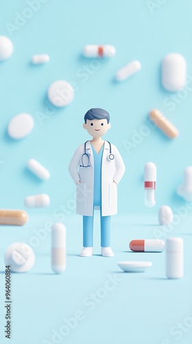 A cartoon doctor stands in front of a pile of pills
