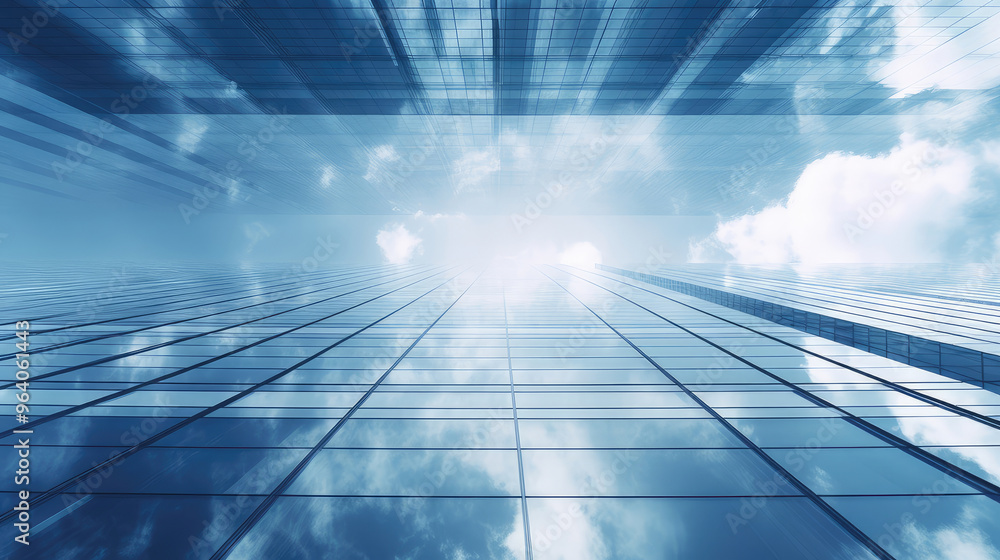 Modern Glass Skyscraper Ascending to Clouds and Sky Modern Glass Skyscraper Ascending to Clouds and Sky