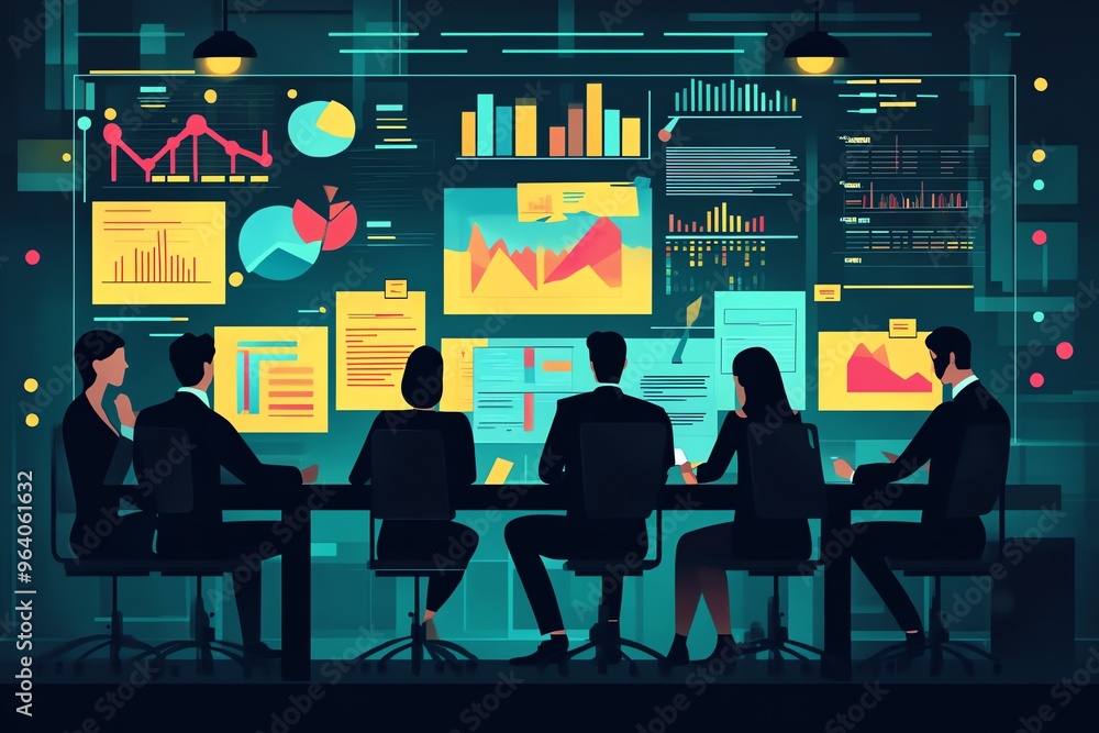 A group of business people are sitting at a table looking at a large screen with charts, graphs, and numbers. A group of business people are sitting at a table looking at a large screen with charts, graphs, and numbers.