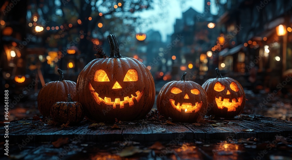 Obraz premium Halloween pumpkins with carved faces on a wooden table against a dark night city street background 