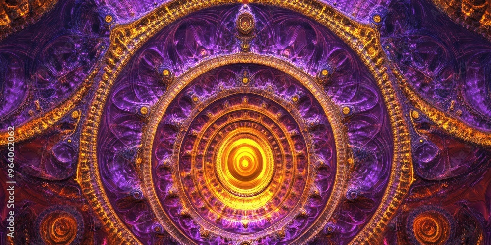 Intricate abstract fractal background featuring a complex arrangement of interconnected rings arches and geometric shapes in vibrant purple and yellow hues Intricate abstract fractal background featuring a complex arrangement of interconnected rings arches and geometric shapes in vibrant purple and yellow hues