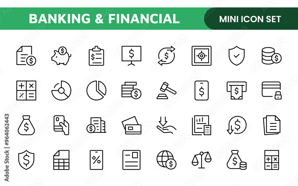 Banking and Financial Solutions Icons: A Professional Set for Financial Services, Banking Interfaces, Investment Tracking, Economic Planning, and Budgeting Banking and Financial Solutions Icons: A Professional Set for Financial Services, Banking Interfaces, Investment Tracking, Economic Planning, and Budgeting