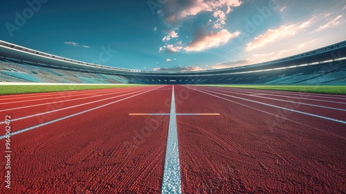 A sports stadium, a sunless sky, a clean sky, with a shot of a red track as the visual center, with green grass on both sides and neat seats in the background. Generative AI. photo